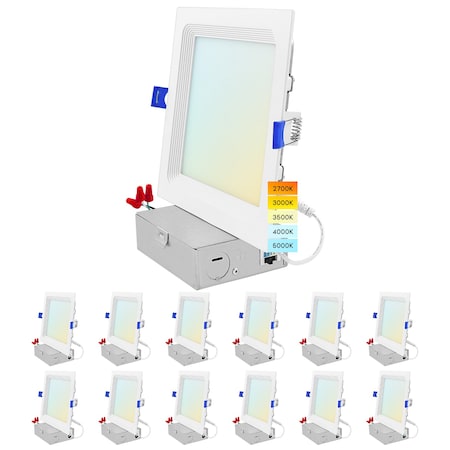 Luxrite 6 Inch Square LED Recessed Downlights 5CCT 2700K-5000K 15W 1400LM Dimmable Wet Rated Baffle, 12PK LR23740-12PK